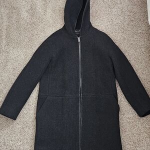 J. Crew Stadium Cloth Dark Gray Wool Blend Hooded Leather Trimmed Coat